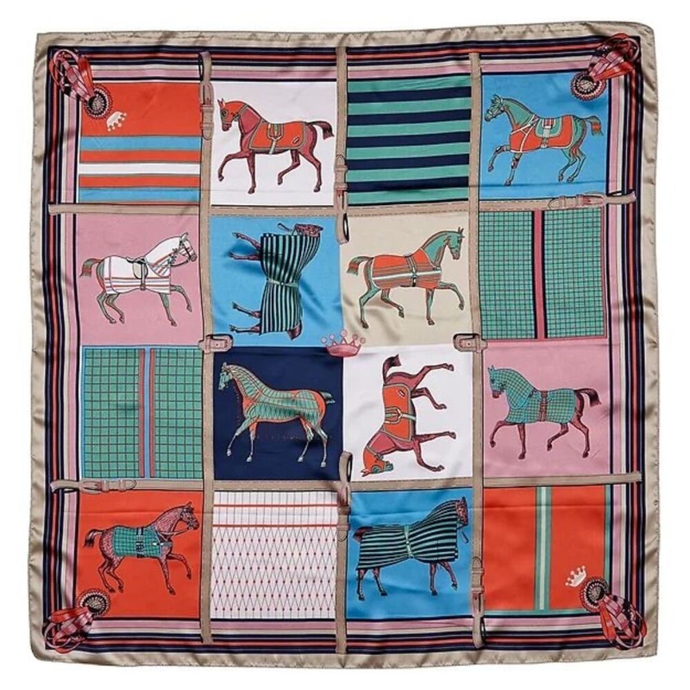 Vintage Equestrian Horse Print Silk-Feel Scarf